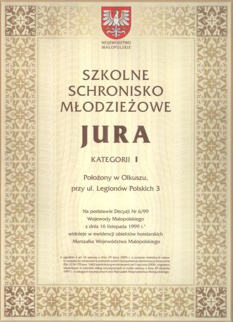 Dyplom: Szkolne Schronisko Młodzieżowe „Jura” — kategoria I