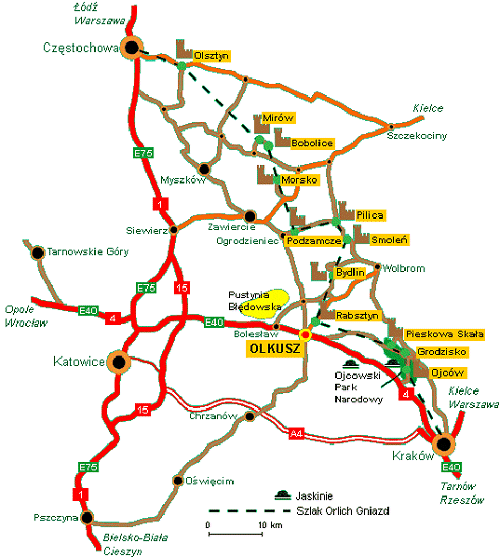 Mapa okolic Olkusza z trasami wycieczek: Kraków, Ogrodzieniec, Ojców, Pieskowa Skała, Rabsztyn, Pustynia Błędowska